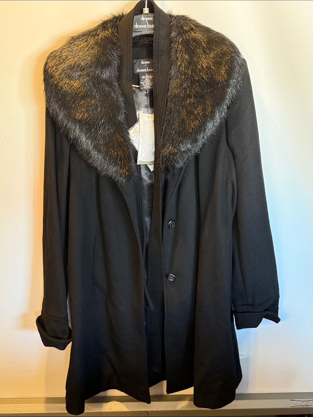 New dennis basso Black Coat with Dark Faux Fur Shawl Collar QVC Size: XL